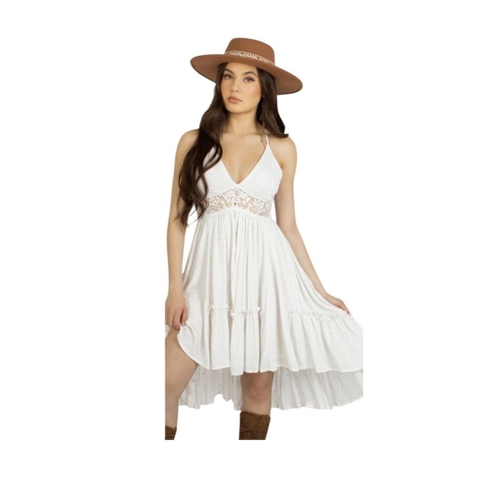 Joyfolie Marley Mini Dress White Swiss‎ Dot Knit Lace Tiered Open Back S